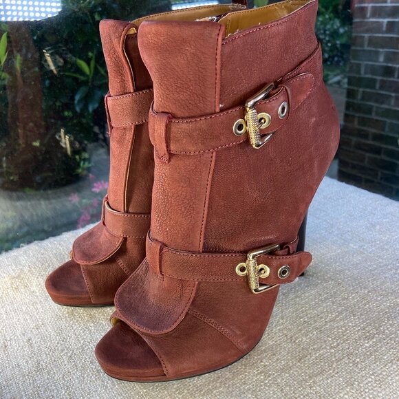 Nine West Shoes - Nine West burgundy wine suede leather peep toe stiletto booties size 10